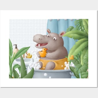 Cute hippo taking shower Posters and Art